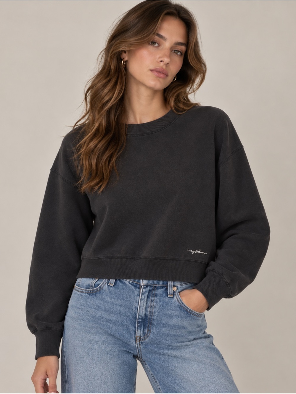 Rag & Bone Sweatshirt Womens Small Terri Crewneck Boxy Cropped Fleece Logo